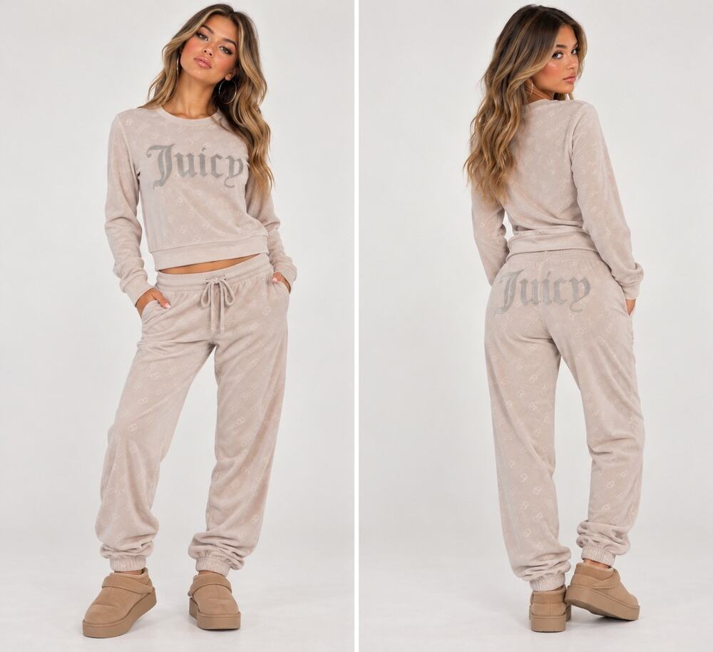 Y2K 90s Juicy Couture Rhinestone Beige Velour Logo Sweatshirt & Jogger Set Small